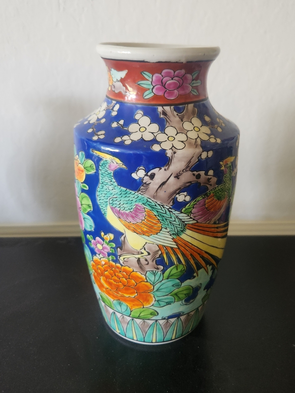 Hand-Painted Blue Floral & Phoenix Decorative Vase